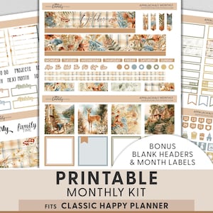 May include: A printable monthly planner sticker kit featuring autumn-themed illustrations of deer, cabins, and floral patterns in shades of brown, blue, and cream. The sheets include labels for days of the week, dates, headers, and decorative boxes.