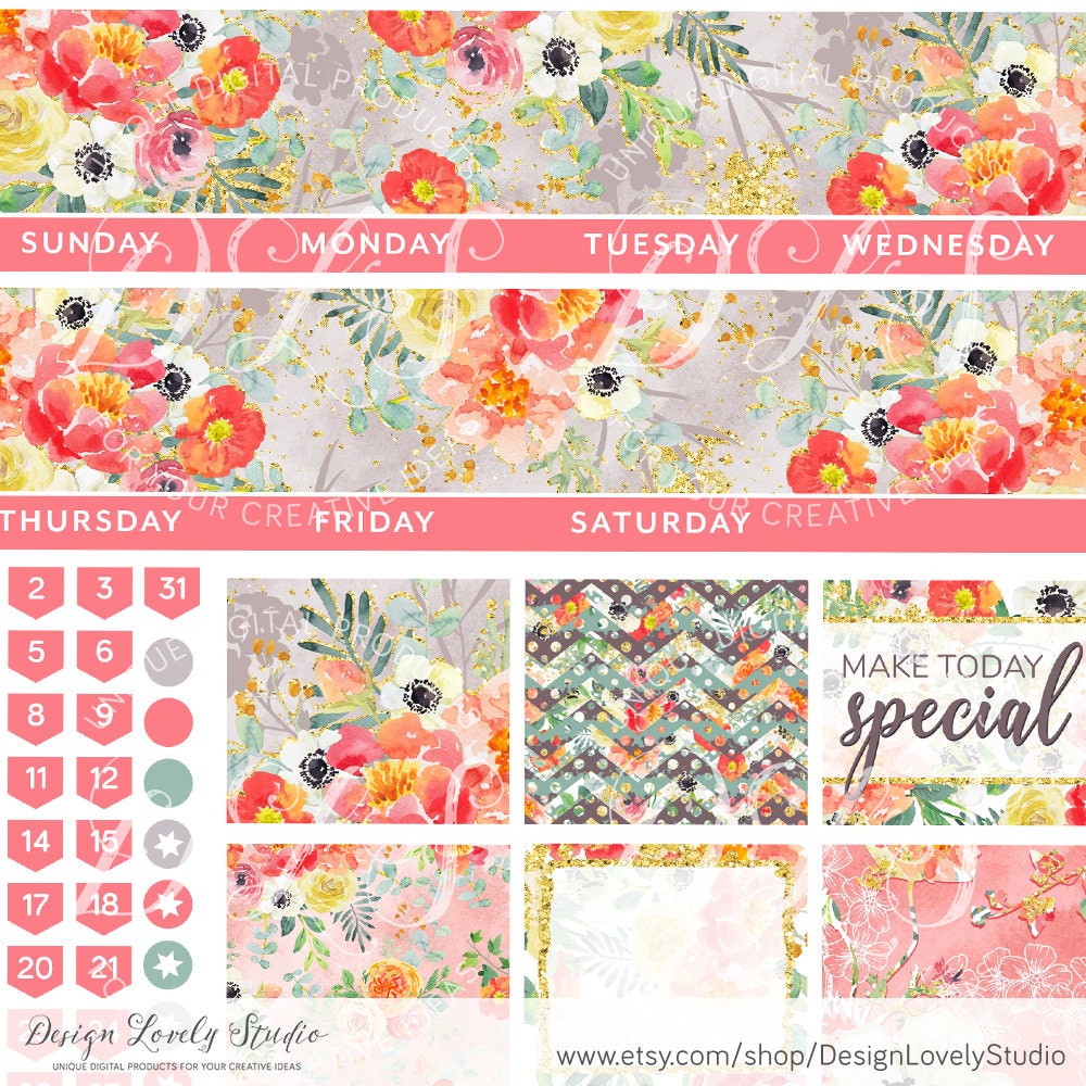 PRINTABLE Floral Monthly Planner Stickers, for Erin Condren Life ...