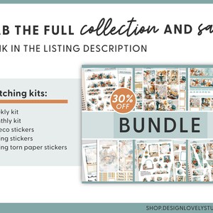 May include: A promotional image for a stationery bundle, featuring various matching kits. The text reads "GRAB THE FULL collection AND save!" and "All matching kits:" including weekly and monthly kits, floral deco stickers, and journaling stickers. A 30% off offer is displayed.