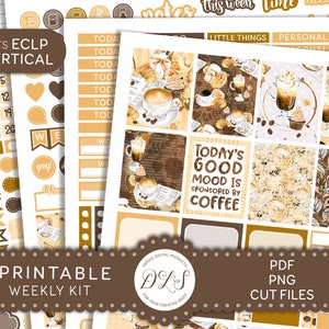 Printable COFFEE Planner Stickers, Coffee Time Weekly Stickers Kit, fits Erin Condren Vertical, Coffee Planner Stickers, Cut Files, VS181