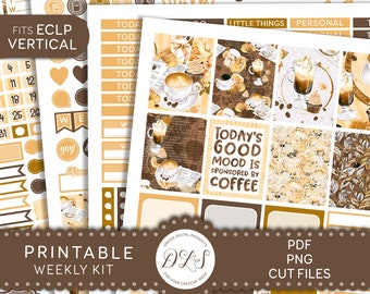 Printable COFFEE Planner Stickers, Coffee Time Weekly Stickers Kit, se adapta a Erin Condren Vertical, Coffee Planner Stickers, Cut Files, VS181