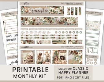 Pegatinas imprimibles del planificador de diciembre, pegatinas mensuales del planificador feliz, kit de pegatinas mensuales de diciembre, pegatinas del planificador de Navidad, HPMV237