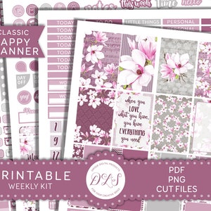 Happy Planner PRINTABLE Weekly Kit, Purple Floral Planner Stickers, Happy Planner Printable Stickers, Spring Planner Kit, Cut Files, HP159