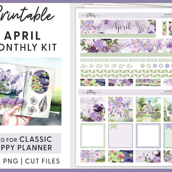 April Monthly Sticker Kit, Happy Planner Stickers, Spring Planner Stickers, Printable Planner Stickers, Floral Stickers, Cut Files, HPMV215