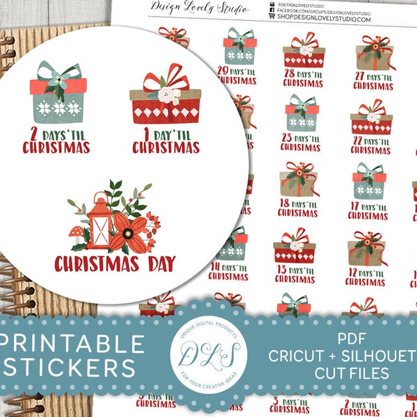Christmas Countdown Stickers, Holidays Countdown Stickers, Christmas Countdown Printable, Christmas Stickers, TN Stickers, Cut Files, DS135
