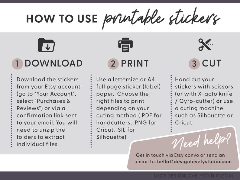 May include: A how-to guide for using printable stickers. The guide includes three steps: download, print, and cut. The image shows icons for each step, along with instructions for each step. The text includes the phrase "Need help?" and an email address for customer support.