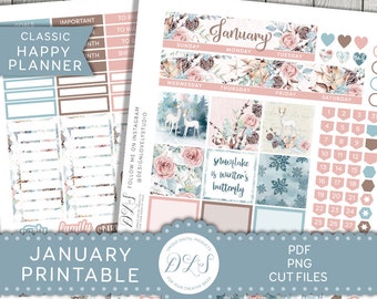 Printable JANUARY Planner Stickers Kit, Happy Planner January Monthly Stickers Kit, New Year Planner Stickers, Cut Files, HPMV181
