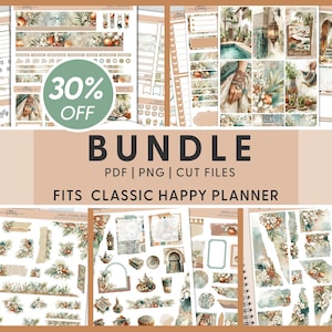 Op de afbeelding: Een stickerbundel voor planners met een woestijnoasisthema. De bundel bevat verschillende stickers, decoratieve elementen en plannerpagina's. De tekst bevat "August", "30% OFF" en "BUNDLE". Ontworpen voor een Classic Happy Planner.