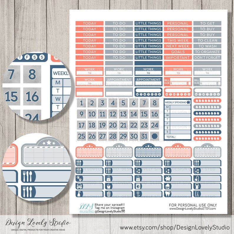 May include: A printable planner sticker sheet with a variety of designs in coral, gray, and navy blue. Includes calendar dates, to-do lists, and decorative elements. The text includes "Today", "To Do", and "Little Things".