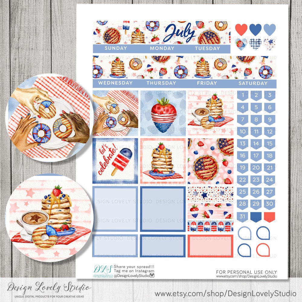 JULY Big Happy Planner Stickers Kit, JULY Printable Monthly Kit, 4th of ...