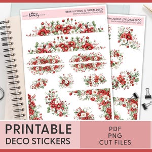 Spring Floral Deco Stickers, Strawberry Journaling Stickers, Summer Stickers, Printable Planner Stickers, Bullet Journal, JS217