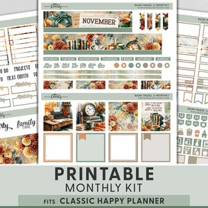 Peut inclure: Kit mensuel imprimable pour un Classic Happy Planner, sur le thème de l'automne avec des illustrations florales et de livres. Comprend des autocollants, des étiquettes et des éléments décoratifs pour novembre. Le kit a une palette de couleurs neutres avec le texte "Printable Monthly Kit".