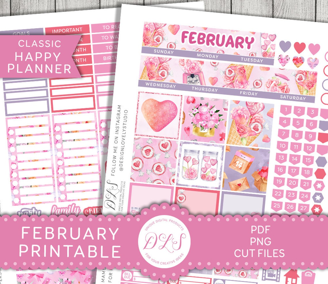 Printable FEBRUARY Planner Stickers Kit, Happy Planner FEBRUARY Monthly ...