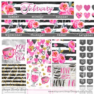 May include: February calendar printable with black and white stripes, pink flowers, and gold glitter. The calendar includes a quote "You are my cup of tea" with a pink teacup and a tea bag. There are also patterns of pink hearts with gold glitter and a pattern of pink teacups with gold glitter.