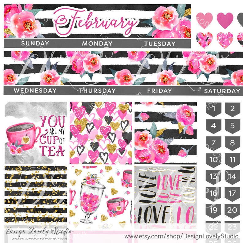 May include: February calendar printable with black and white stripes, pink flowers, and gold glitter. The calendar includes a quote "You are my cup of tea" with a pink teacup and a tea bag. There are also patterns of pink hearts with gold glitter and a pattern of pink teacups with gold glitter.