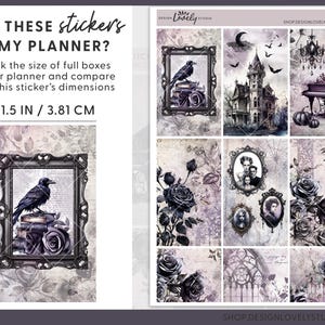 May include: A set of 9 planner stickers with a witchy theme. The stickers feature a black crow, a haunted house, a piano, roses, and a chandelier. The stickers are 1.5 inches by 2.5 inches.  "WILL THESE stickers FIT MY PLANNER? Check the size of full boxes in your planner and compare with this sticker's dimensions 1.5 IN / 3.81 CM 2.5 IN / 6.35 CM"