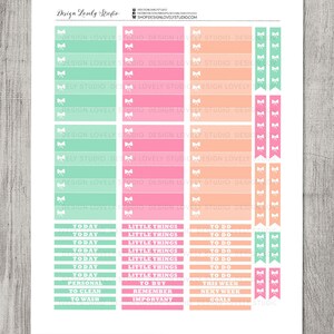 May include: Printable planner stickers with a pastel color scheme. The stickers feature a variety of labels, including "Today", "Little Things", "To Do", "This Week", "Next Week", and "Goals". The stickers are decorated with white bows.