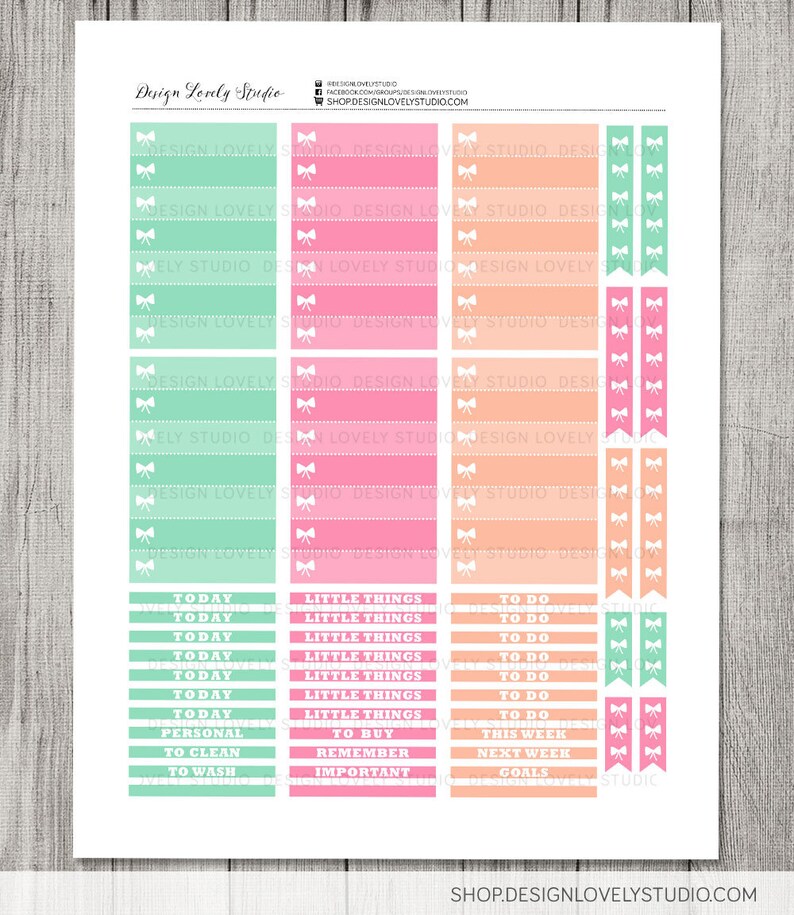 May include: Printable planner stickers with a pastel color scheme. The stickers feature a variety of labels, including "Today", "Little Things", "To Do", "This Week", "Next Week", and "Goals". The stickers are decorated with white bows.