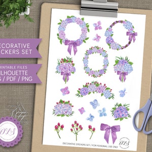 Planificateur fleur Stickers aquarelle hortensia bleu violet Floral Stickers Bouquet Couronne autocollants été planificateur Scrapbook autocollants ECLP