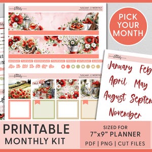 Tuscany Poppies Summer Monthly Sticker Kit – June, July, August Printable Planner Stickers for Erin Condren, Rustic Floral, MV273