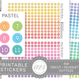 Druckbare Datum Dot Sticker, Pastell Datum Dot Sticker, Datum Cover Sticker, Zahl Sticker, Kalender Sticker, Cut Files, FS165