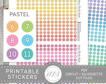 Printable Date Dot Planner Stickers, Pastel Date Dot Stickers, Date Cover Stickers, Number Stickers, Calendar Stickers, Cut Files, FS165