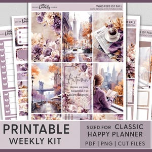 Pegatinas de planificador con el mensaje "Otoño", pegatinas de planificador imprimibles de otoño, kit de pegatinas semanales, morado, acuarela, ciudad de Nueva York, otoño urbano, HP263