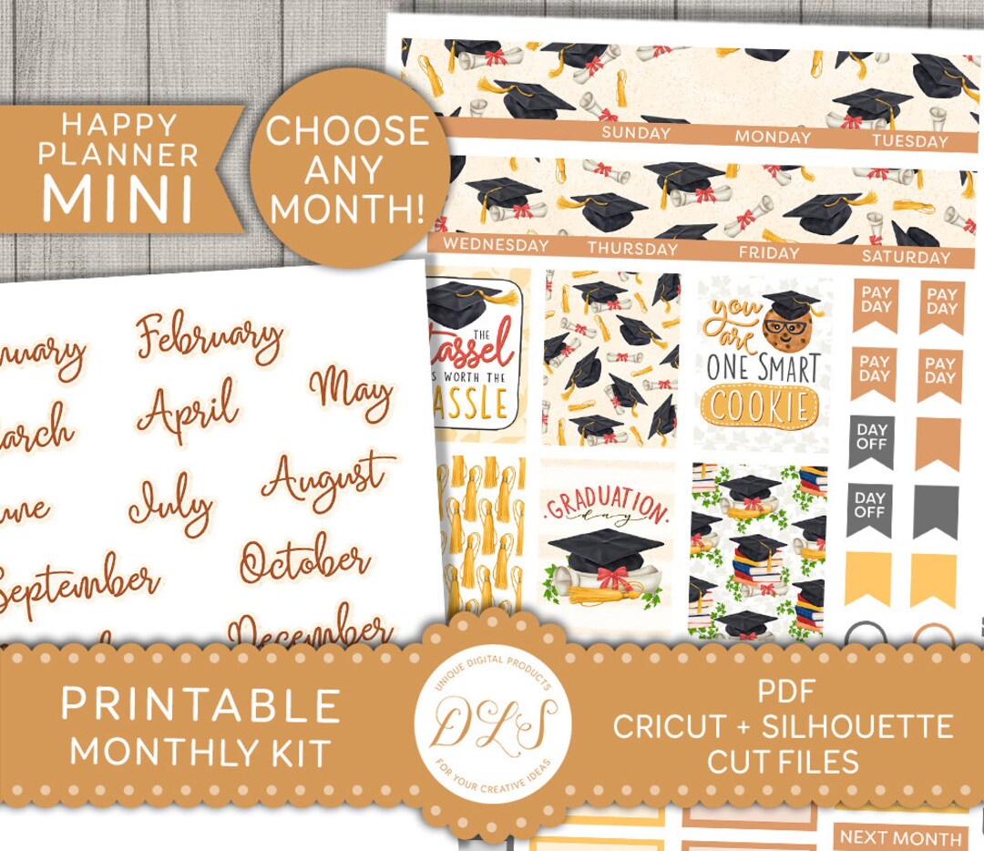 Graduation Planner Stickers, Graduation Monthly Stickers, Mini Happy