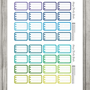 May include: A printable sheet of 24 colorful rectangular planner stickers with a dotted border and a small four-leaf clover design in the corner. The stickers are in shades of purple, blue, teal, green, and yellow.