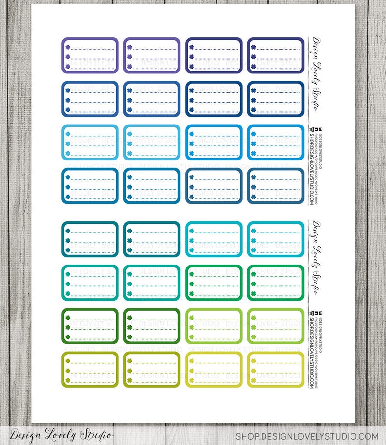 May include: A printable sheet of 24 colorful rectangular planner stickers with a dotted border and a small four-leaf clover design in the corner. The stickers are in shades of purple, blue, teal, green, and yellow.