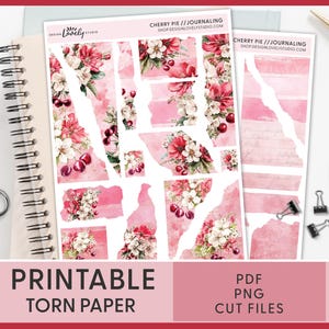 Adesivi in carta strappata con ciliegie estive – Kit stampabile di carta strappata con ciliegie e fiori rossi, decorazioni estive Cottagecore per il diario, JS235