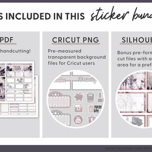 May include: A digital download of printable planner stickers in a black and white color scheme with a vintage aesthetic. The image shows three different file formats: PDF, Cricut PNG, and Silhouette. The text "TRASH DAY" is visible on one of the stickers.