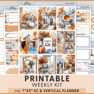 May include: A printable weekly kit with a fall theme. The design features illustrations of pumpkins, blue hydrangeas, and architectural elements. The kit includes decorative elements and planner stickers. The text "PRINTABLE WEEKLY KIT" is visible.