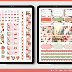 May include: Digital planner stickers displayed on a tablet. The stickers feature a Christmas theme with poinsettias, gingerbread cookies, and winter scenes. Includes date stickers, weekly labels, and decorative elements.