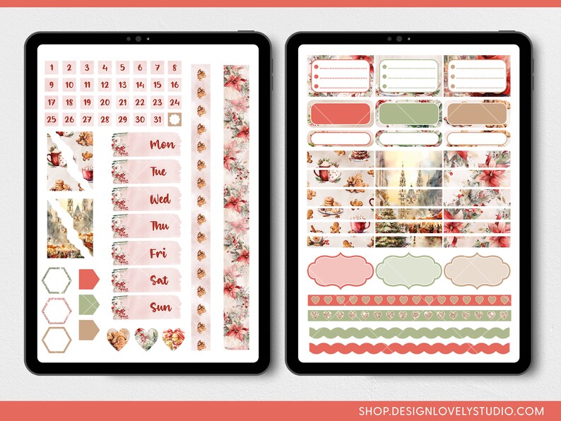 May include: Digital planner stickers displayed on a tablet. The stickers feature a Christmas theme with poinsettias, gingerbread cookies, and winter scenes. Includes date stickers, weekly labels, and decorative elements.