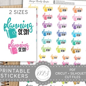 May include: Printable planner stickers in various colors with the text "planning sesh" and a small illustration of a planner. The stickers are available in two sizes. The text "Printable Stickers" is at the bottom of the image.