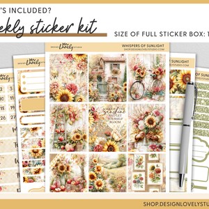 May include: Weekly sticker kit with a floral theme, featuring sunflowers and vintage illustrations. Includes various sticker sheets, decorative elements, and a pen. The full sticker box size is 1.5 x 1.9 inches.