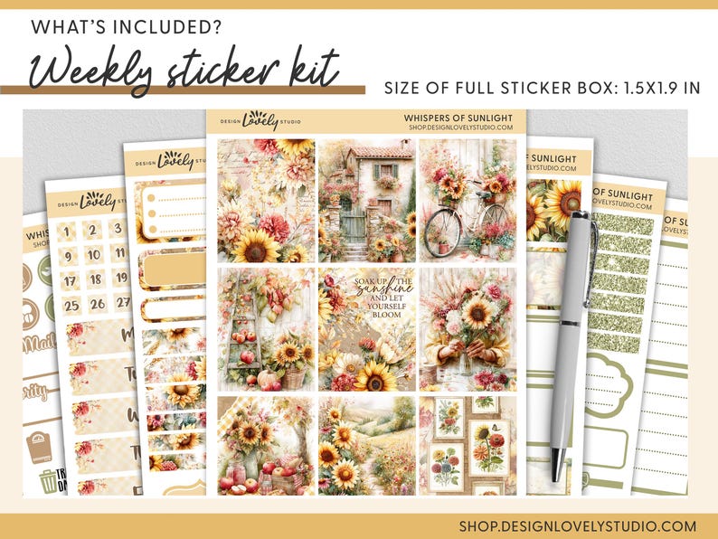 May include: Weekly sticker kit with a floral theme, featuring sunflowers and vintage illustrations. Includes various sticker sheets, decorative elements, and a pen. The full sticker box size is 1.5 x 1.9 inches.