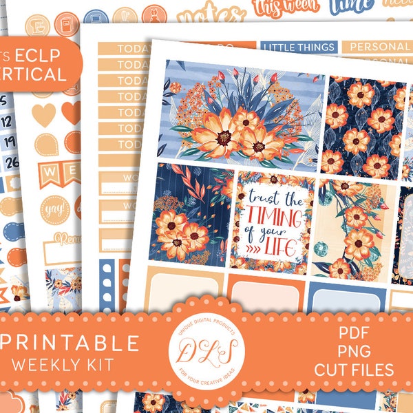Printable Vertical Planner Stickers, Floral Planner Stickers Kit, Fall Planner Stickers, Weekly Planner Stickers, for Erin Condren, VS173