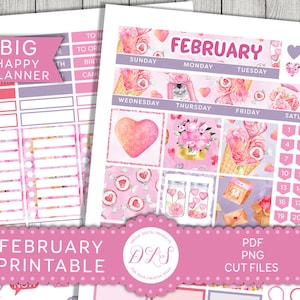 Kit de pegatinas mensuales de FEBRERO imprimible, kit de febrero de Big Happy Planner, pegatinas del planificador del día de San Valentín, pegatinas de amor, archivos cortados, BM172