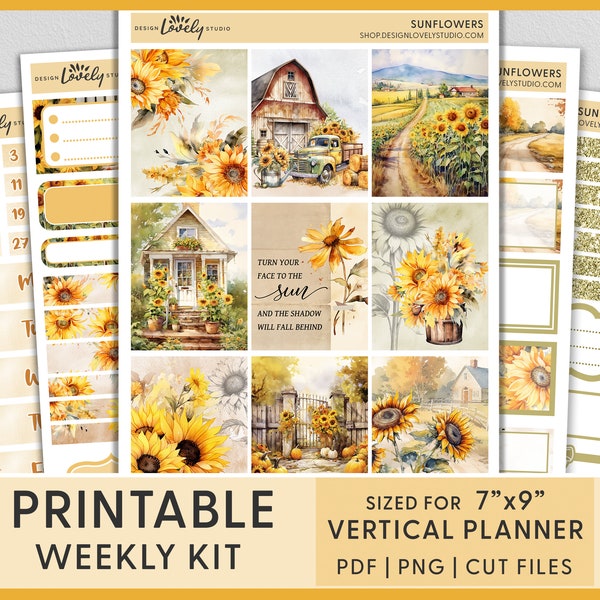 Printable Sunflower Stickers, Printable Planner Stickers, Weekly Kit, Erin Condren Stickers, Printable Sticker Sheet, Fall Stickers, VS236