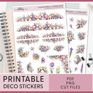 Druckbare Frühling Blumen Aufkleber, Deko Aufkleber Tulpen, Frühlingssträuße, Planer Aufkleber, Journaling, Bullet Journal, Blumenrahmen, JS208