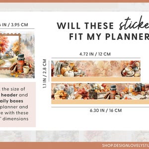 May include: Image shows planner stickers with fall-themed designs. The stickers include images of pumpkins, coffee, and autumn scenery. Dimensions are provided in inches and centimeters. Text reads: "Will these stickers fit my planner?"