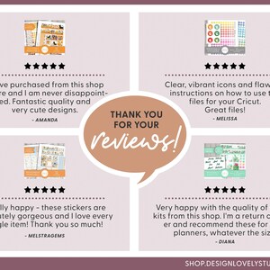 May include: Four customer reviews for a shop selling digital planner stickers. The reviews are positive and highlight the quality of the stickers, the ease of use, and the customer service. The reviews are accompanied by five-star ratings.