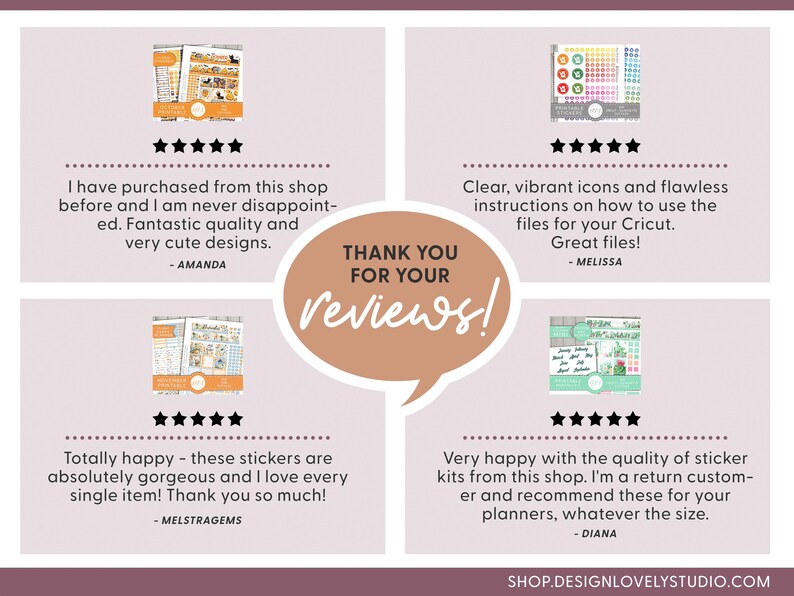 May include: Four customer reviews for a shop selling digital planner stickers. The reviews are positive and highlight the quality of the stickers, the ease of use, and the customer service. The reviews are accompanied by five-star ratings.
