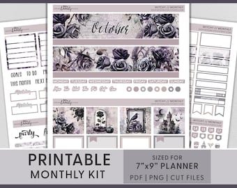 October Monthly Kit, Halloween Stickers, Fall Stickers, Autumn, Gothic, Haunted House, Spooky, Witch, Printable Planner Stickers, MV257