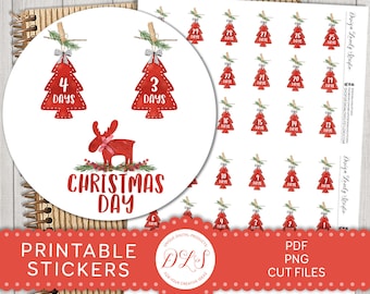 May include: Printable Christmas countdown stickers featuring red and green watercolor illustrations of Christmas trees with numbers 1-29. The stickers are designed to be used as a countdown to Christmas Day. The image also includes a larger sticker with a reindeer and the text "Christmas Day".