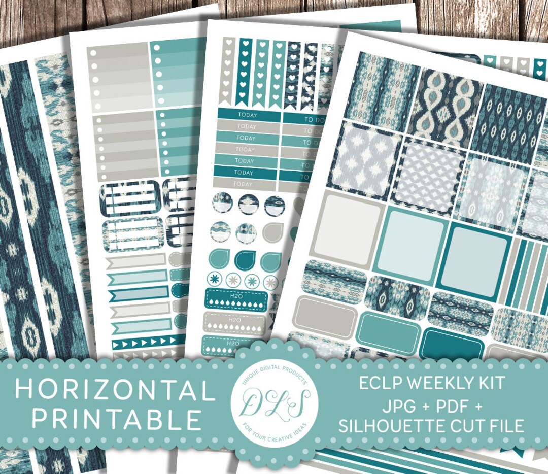 HORIZONTAL Printable Weekly Sticker Set for ECLP Blue Teal Ikat ...