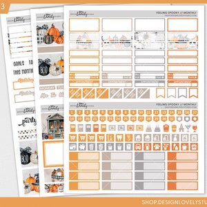 May include: A printable Halloween-themed monthly planner sticker sheet with orange, grey, and black accents. The sheet includes a calendar, appointment boxes, and various icons such as pumpkins, houses, and ghosts. The text "Feeling Spooky // Monthly" is at the top of the sheet.