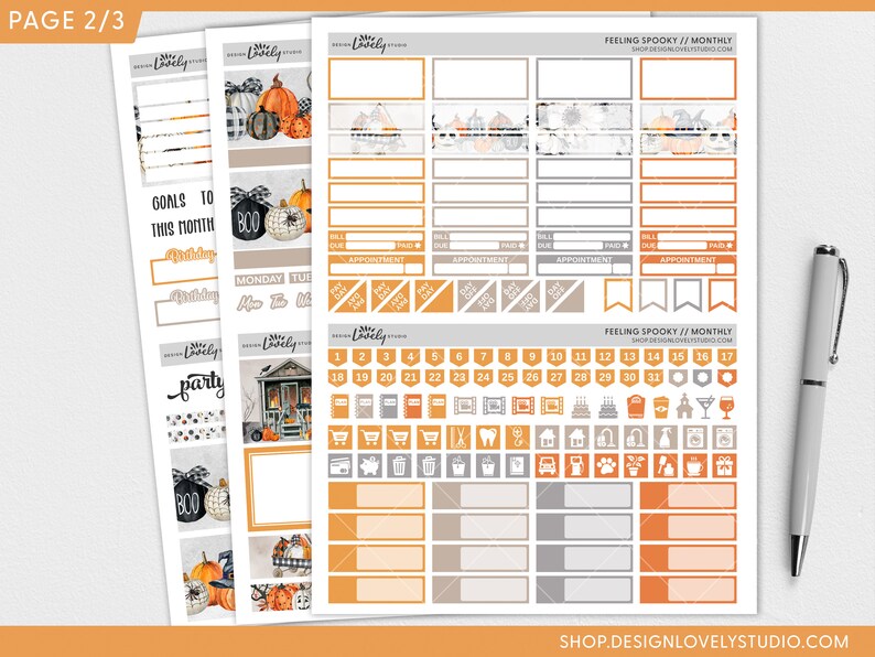 May include: A printable Halloween-themed monthly planner sticker sheet with orange, grey, and black accents. The sheet includes a calendar, appointment boxes, and various icons such as pumpkins, houses, and ghosts. The text "Feeling Spooky // Monthly" is at the top of the sheet.